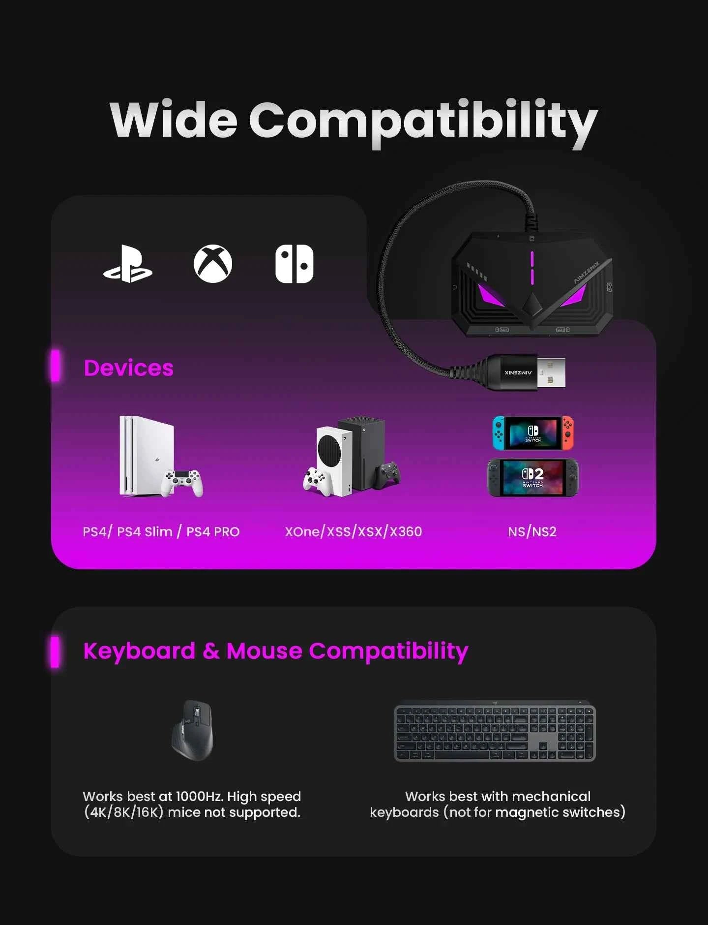 Aimzenix Blader Pro AX160 Keyboard And Mouse Converter for PS4, XONE, X360, XSS, XSX, N-Switch, Supports 3.5mm Headphones, APP