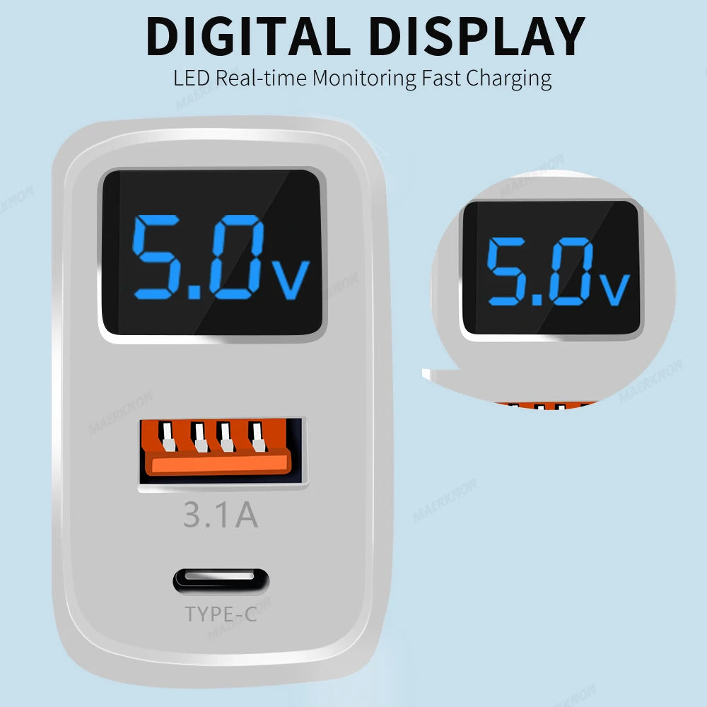 USB PD Charger 20W Fast Charging Type C Digital Display Phone Charge Adapter For iPhone Samsung Xiaomi Huawei USB C Wall Charger