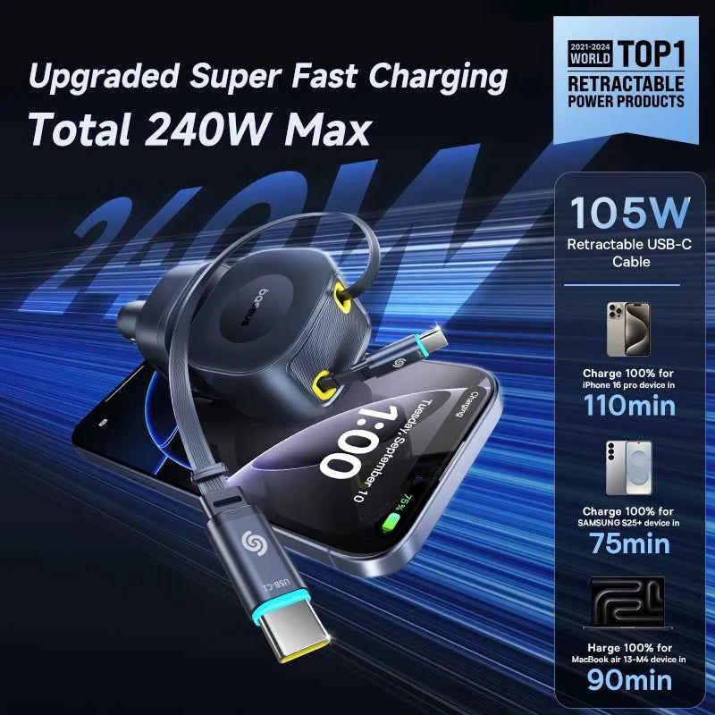 Baseus 240W Car Charger 4 Ports Built in Retractable Cable Fast Charging USB Type-C Car Phone Charger For Samsung iPhone Xiaomi