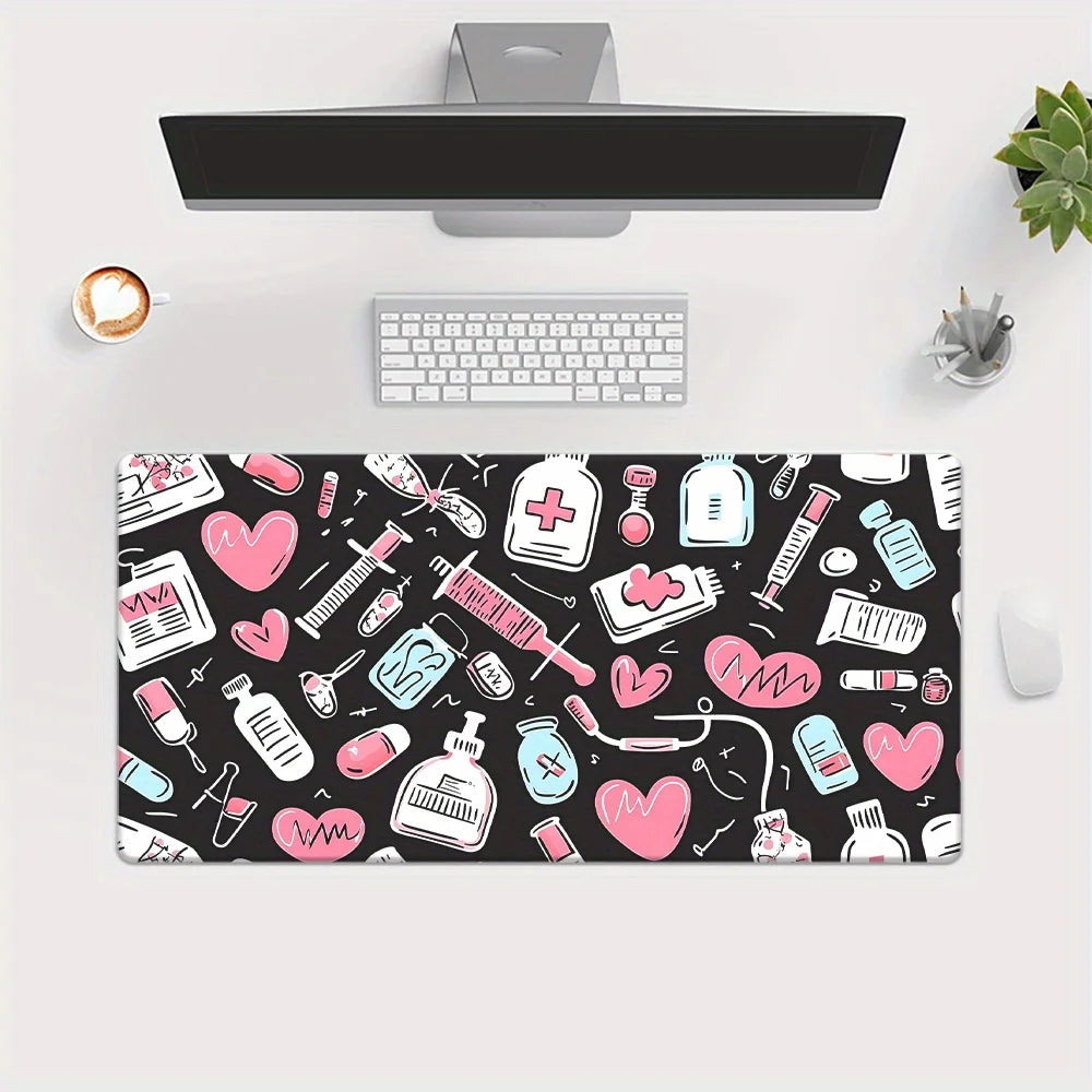 One Pink Gaming Mouse Pad with a Medical Theme, Featuring a Design of Stethoscopes, Bottles, And Hearts. It'S a Soft Rubber Desk Mat Suitable for Office, PC