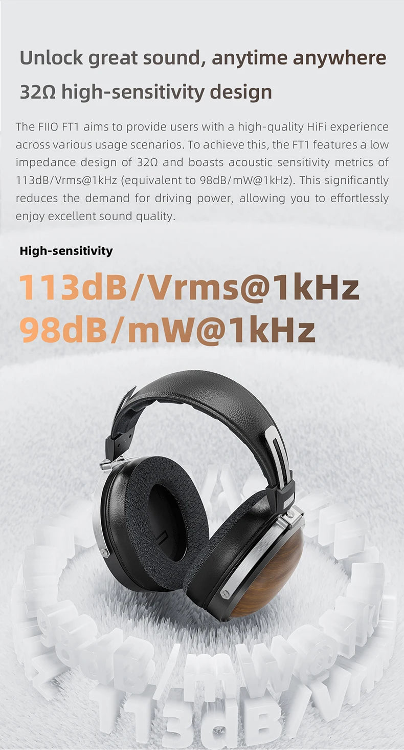 FiiO FT1-New version Closed-Back Over-Ear  Fiber Composite Diaphragm Wired Hi-Fi Headphones, American walnut Ear Cups for Studio