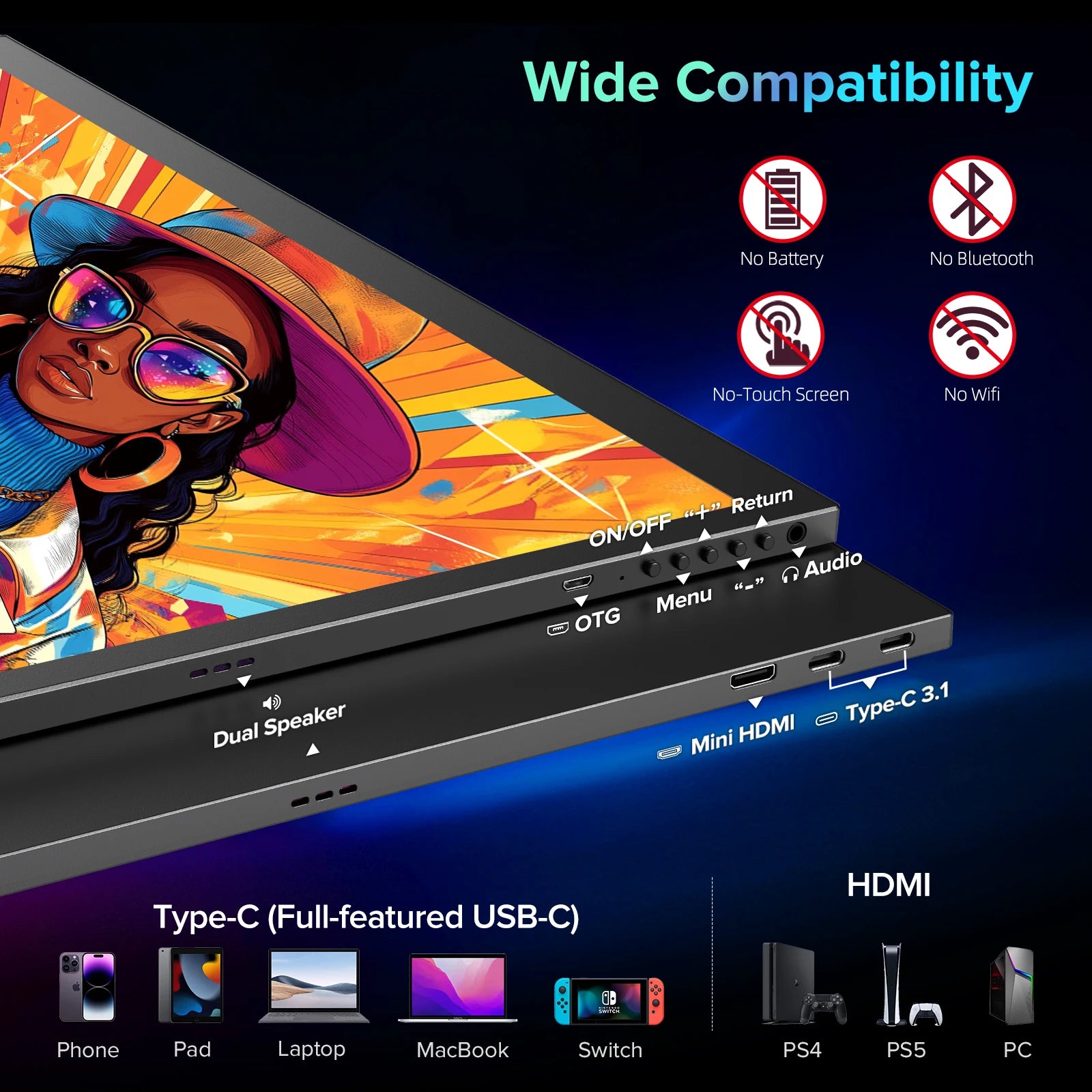 UPERFECT 4K Portable Monitor 18.4' 3840 X 2160 UHD USB-C HDMI FreeSync HDR External Computer Display with Speakers Cover VESA