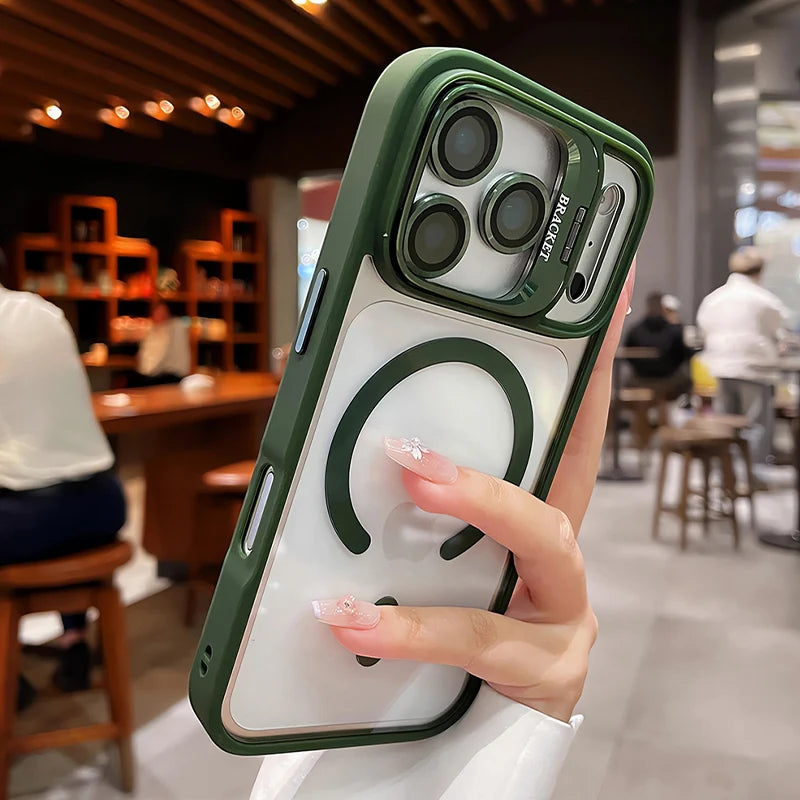 Luxury Matte Translucent Armor Shockproof For Magsafe Bracket Case For iPhone 17 16 15 14 13 12 Pro Max 17 Wireless Charge Cover