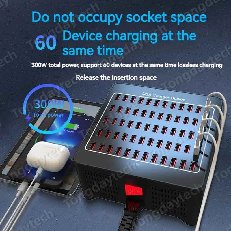 300W Universal Multi USB Charger Station 60 Ports Fast Charging Carregador for iPad iPhone 11 12 13 Pro Max Samsung Tablet 충전기