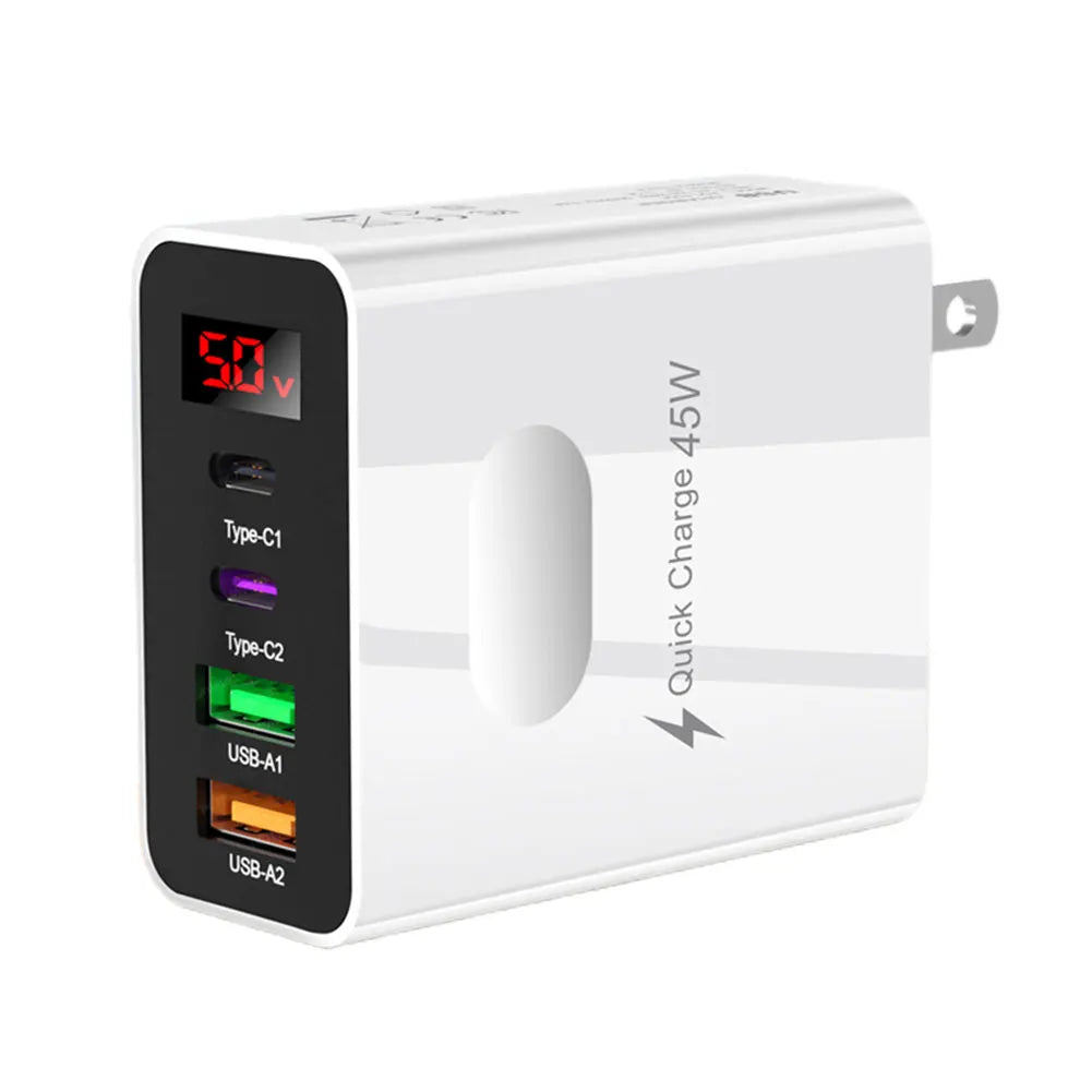 45W Multi Plug Wall Charger 2 Type-C 4 Ports Fast Charging Head Digital Display Quick Charger Head for iPhone 14 Xiaomi Samsung