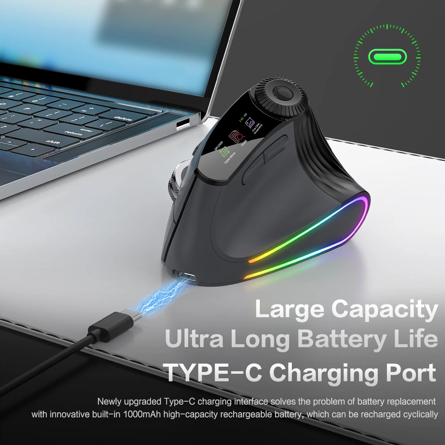 JOMAA Backlit Bluetooth Wireless Vertical Mouse With OLED Screen Rechargeable USB Wired Gaming Mouse 24000DPI Speed Roller