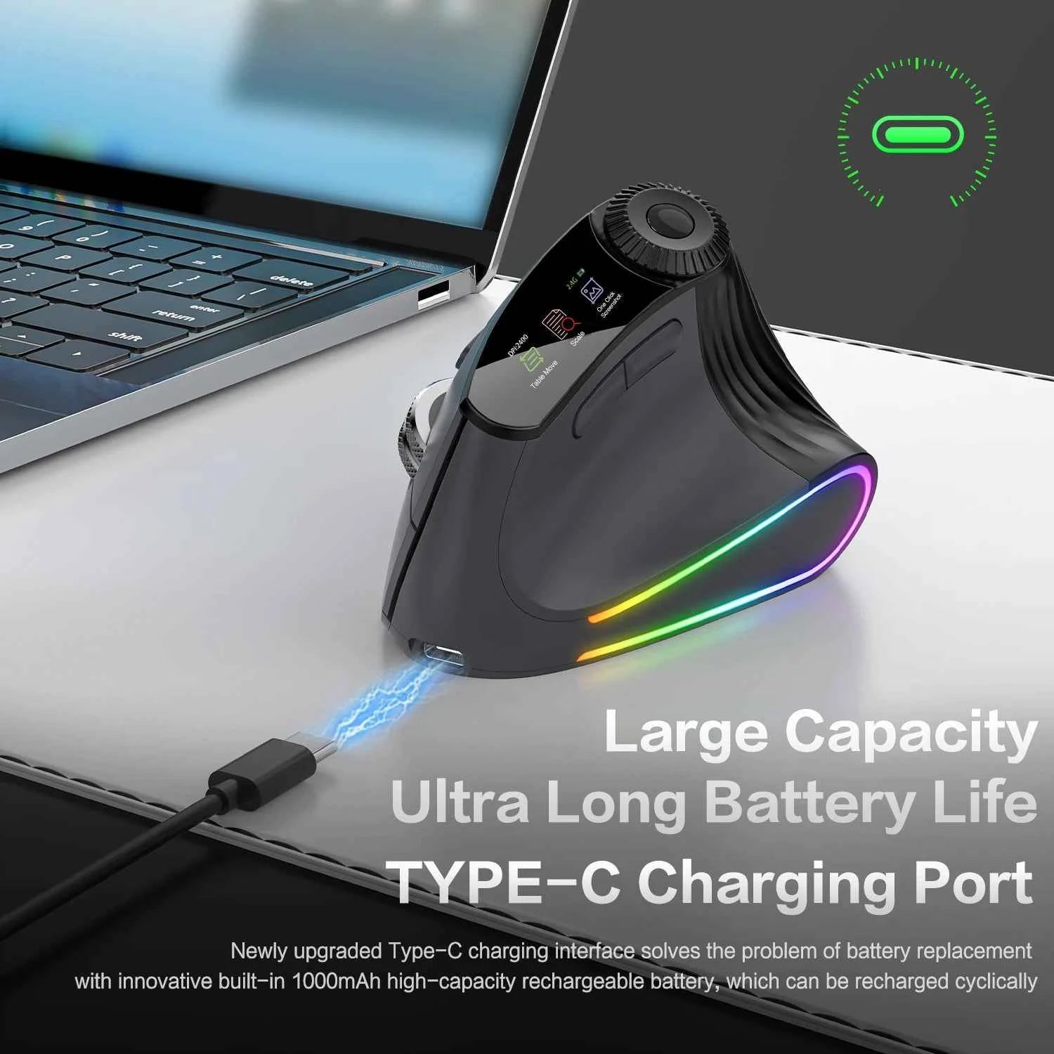 JOMAA Backlit Bluetooth Wireless Vertical Mouse With OLED Screen Rechargeable USB Wired Gaming Mouse 24000DPI Speed Roller