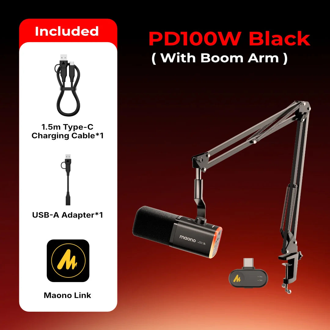 MAONO PD100W Wireless Dynamic Microphone Cardioid Dynamic Mic 50m Range One-Touch Noise Reduction RGB for Gaming Live Streaming