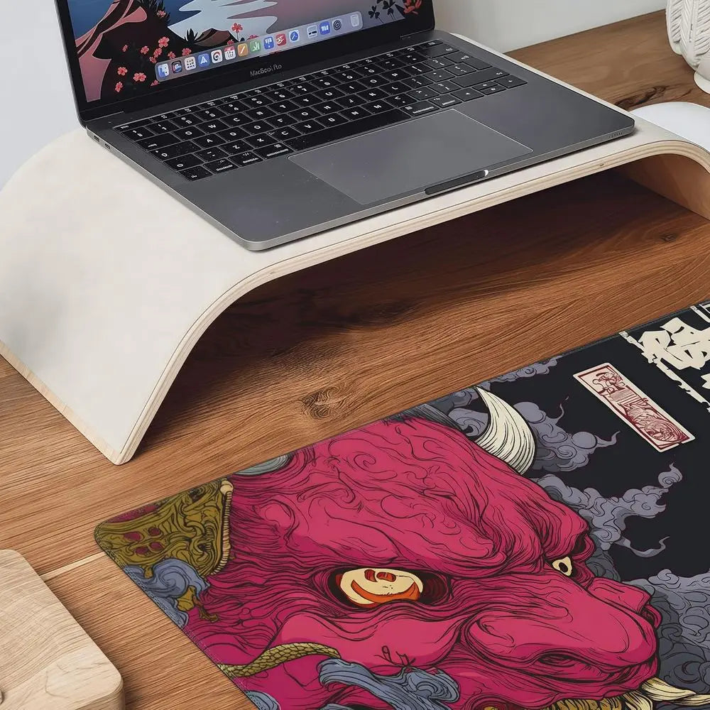 XXL Gaming Mouse Pad with Non-Slip Base, Waterproof & Stitched Edges, Japanese Demon Mask Design, 35.4x15.7 inches