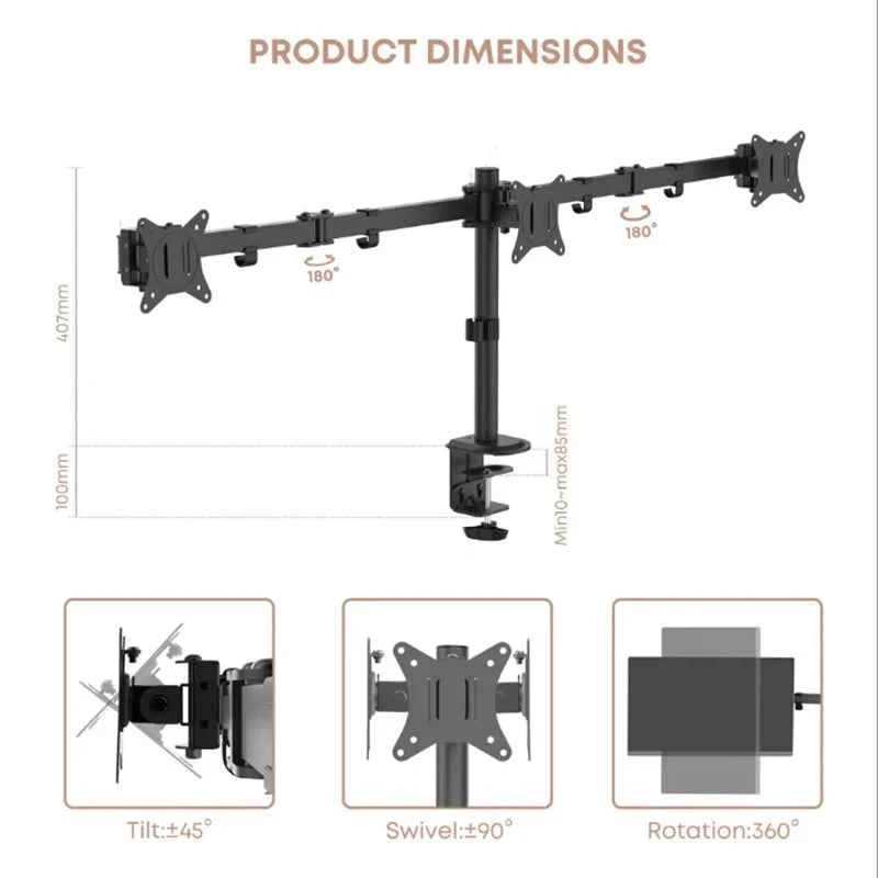 Triple Screen Computer Monitor Mount for 13-27 In Screen Multi-Monitor Mount with Tilt Swivel Multiple Monitor Stand VESA 75/100