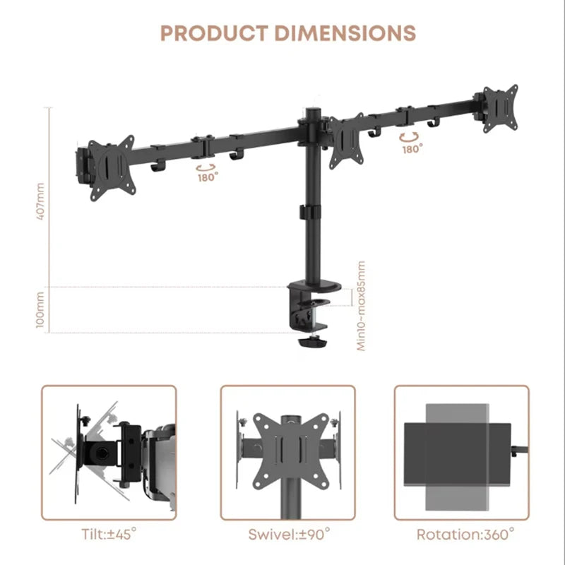 Triple Screen Computer Monitor Mount for 13-27 In Screen Multi-Monitor Mount with Tilt Swivel Multiple Monitor Stand VESA 75/100