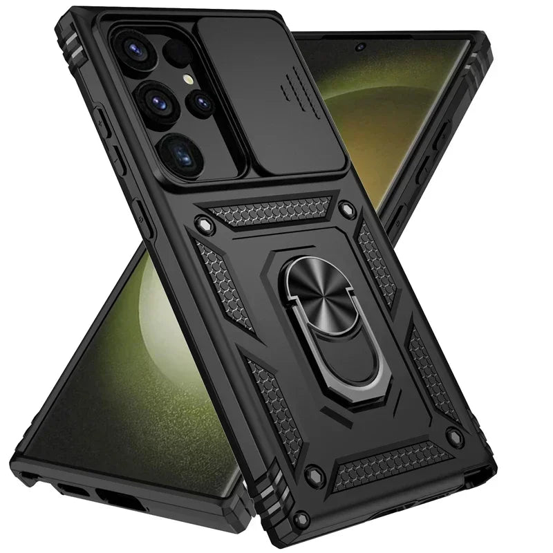Slide Camera Lens Military Grade Armor Case For Samsung Galaxy S25 Ultra Plus S24FE A16 A06 A26 A36 A56 Holder Ring Stand 2026