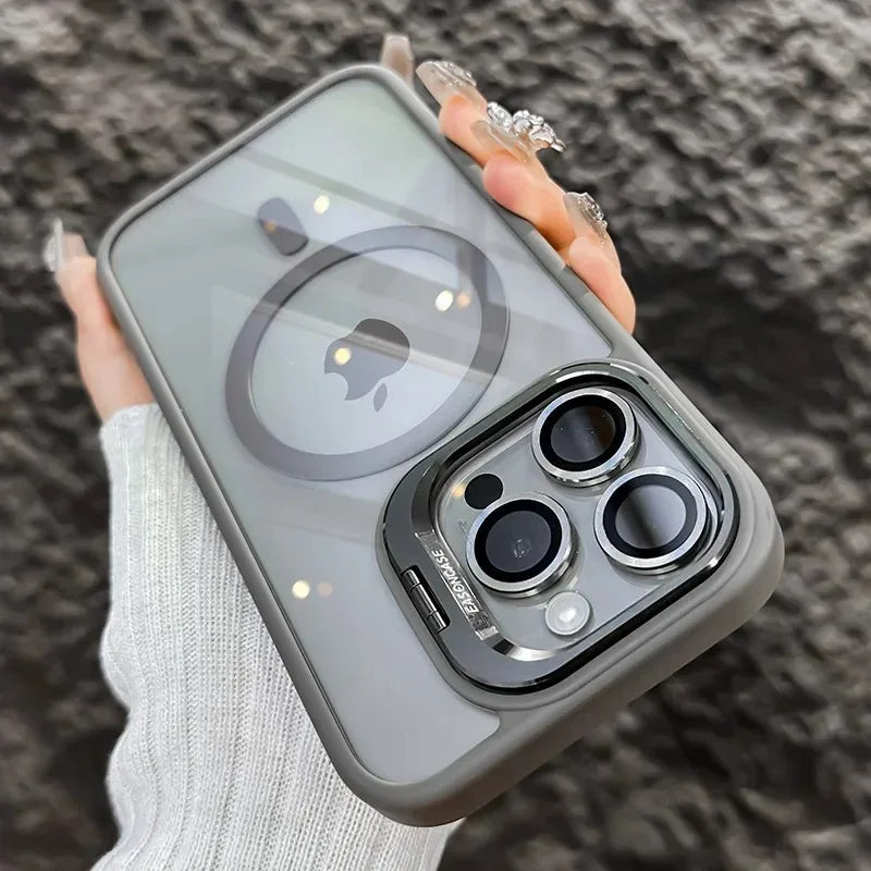 Luxury Magnetic Shockproof Phone Case for iPhone 16/15/14/13/12/11/17 Pro Max with Stand and Glass Lens Case