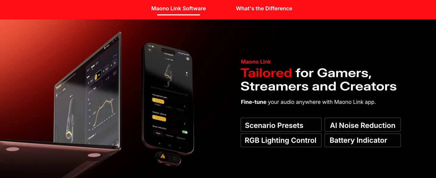 MAONO PD100W Wireless Dynamic Microphone Cardioid Dynamic Mic 50m Range One-Touch Noise Reduction RGB for Gaming Live Streaming