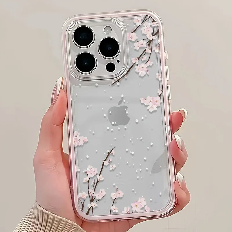 Beautiful Cherry Blossom Snowflake Colorful 2-in-1 Soft Transparent Phone Case for iPhone 17 16 15 14 13 12 11 Pro Max Phone