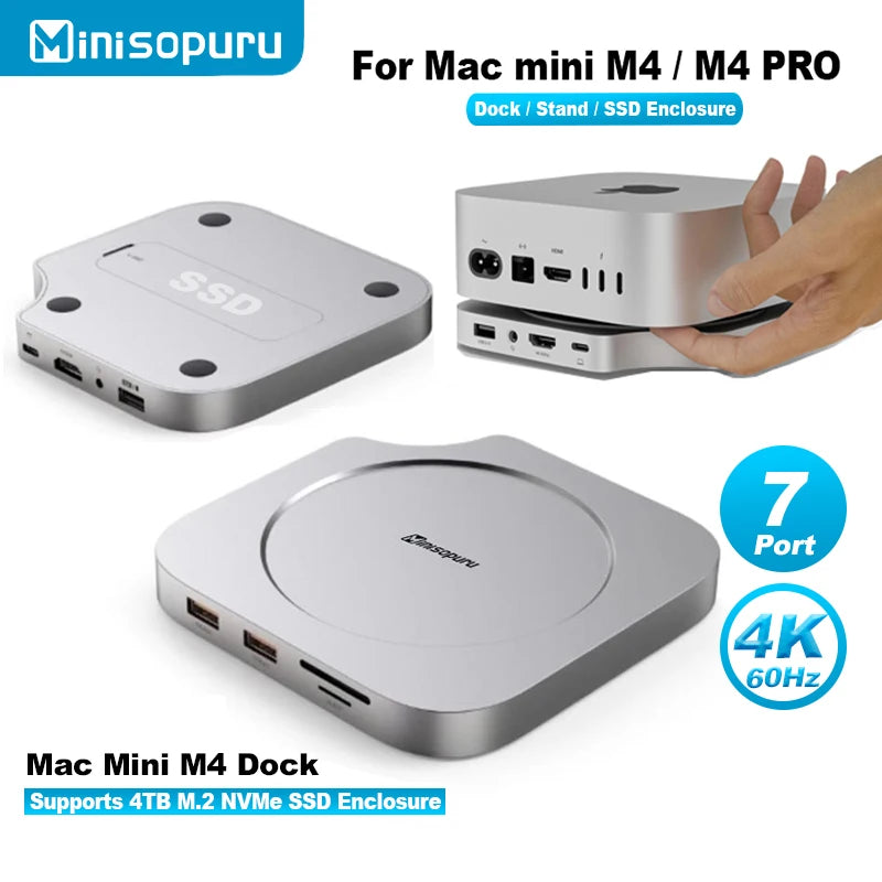 Minisopuru Mac Mini M4 Hub Dock Stand With M.2 SSD Enclosure 4K60Hz HDMI SD/TF USB C HUB Docking Station for Mac Mini M4/M4 Pro - WinSupport Tech
