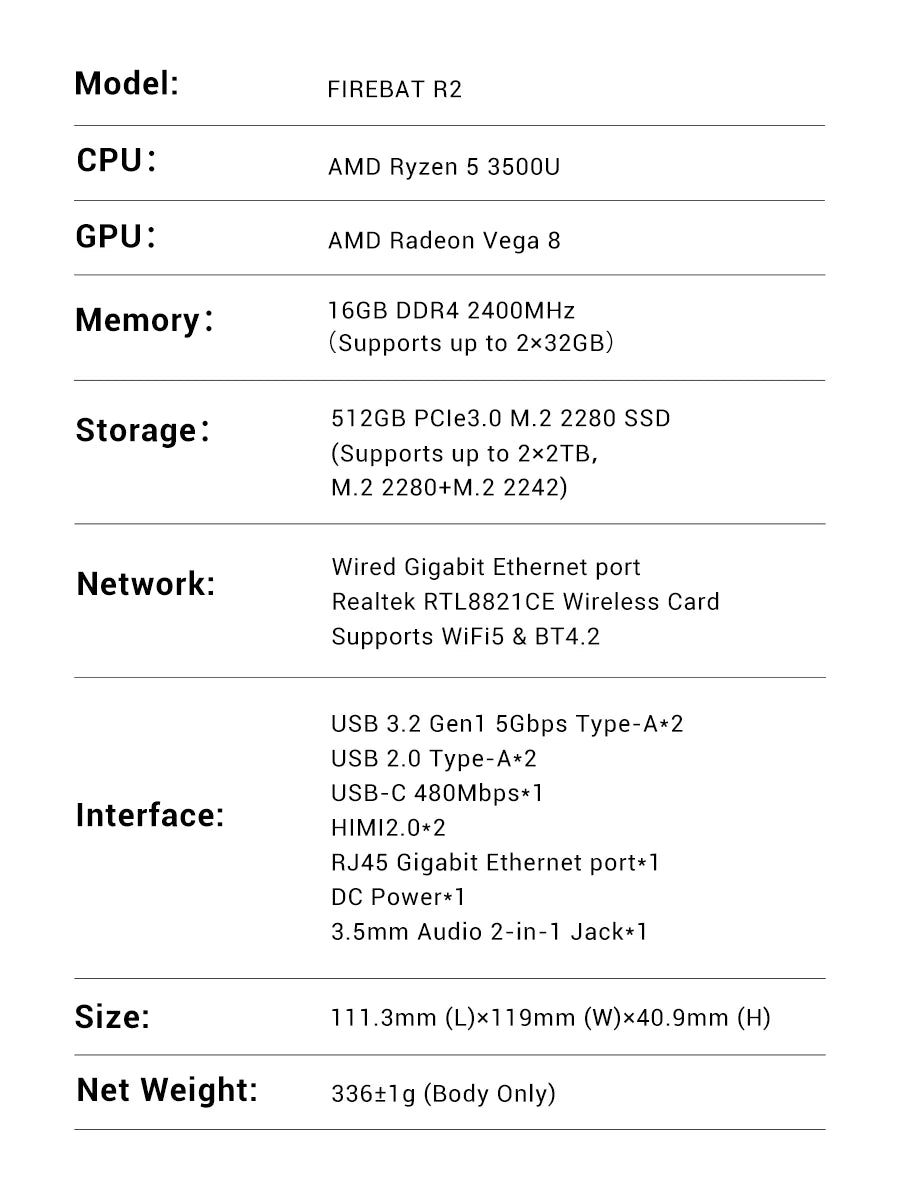 FIREBAT R2 Mini PC AMD Ryzen5 3500U DDR4 16GB RAM M.2 PCIe 512GB SSD WiFi5 BT4.2 1000M Lan Portable Windows11 Desktop Computer