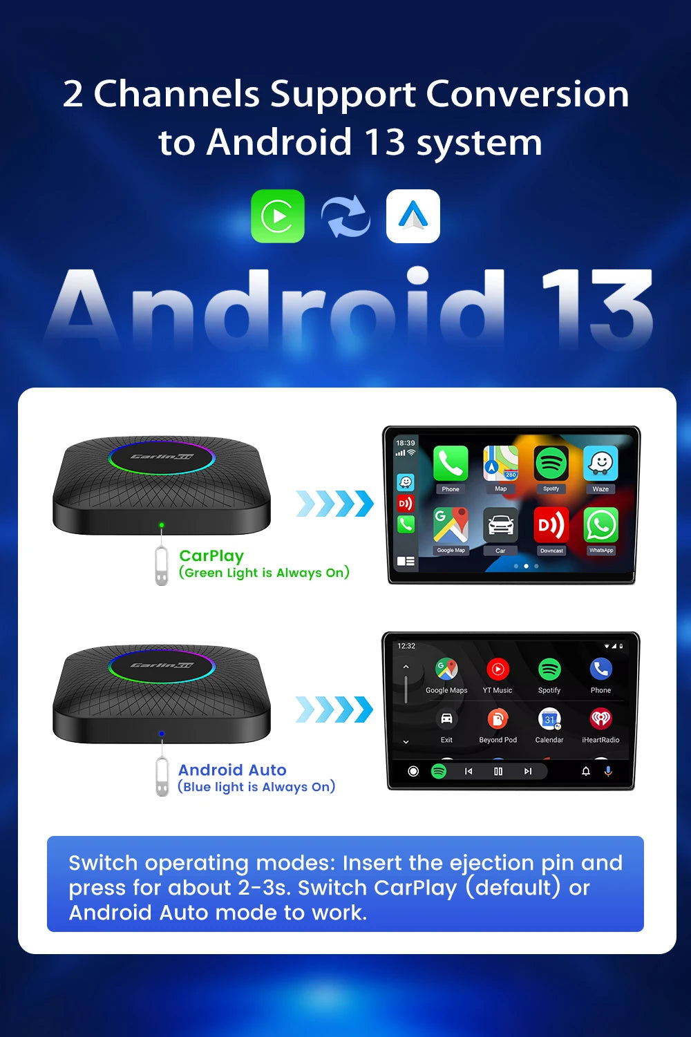 Carlinkit Ai Box Android 13 Led Wireless Android Auto & CarPlay Smart Tv Box QCM6225 Support Youtube Netflix Car Accessories