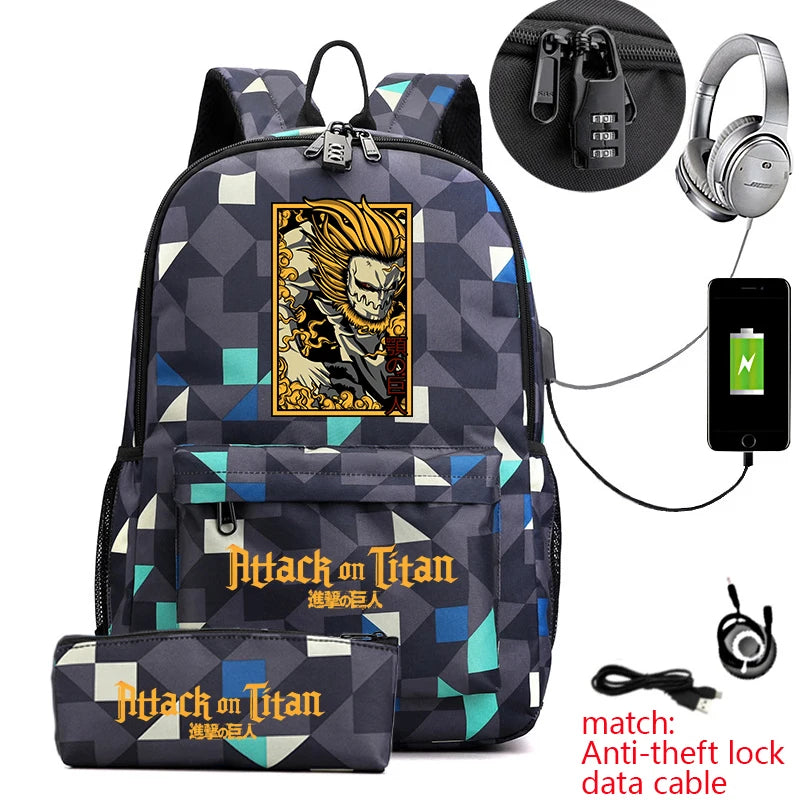 Attack on Titan Anime Print School Backpack Anti-Theft Laptop Bag for Boys Girls with Pencil Case