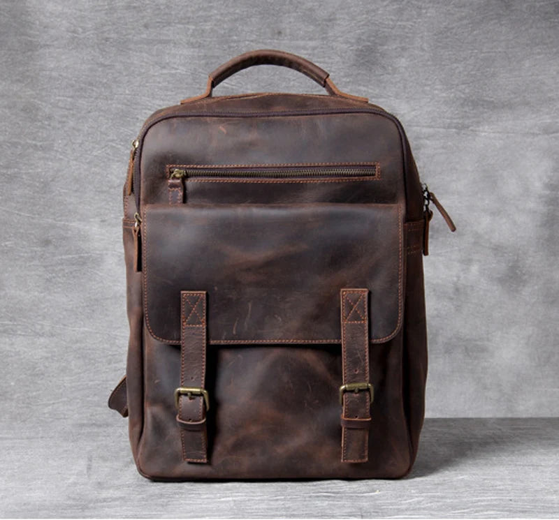 Vintage Crazy Horse Genuine Leather Backpack Men Bagpack Cowhide Hiking Backpack 17