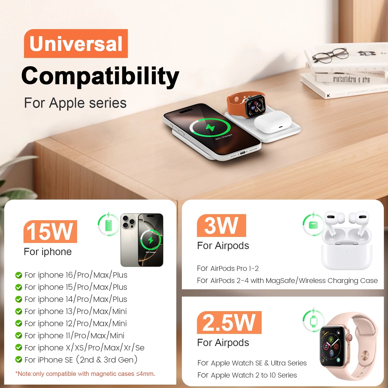 15W Wireless Chargers Magnetic 3 in 1 Foldable Stand Pad Dock Fast Charg Travel iPhone17 16 15 14 13 Pro Max Apple Watch Airpod
