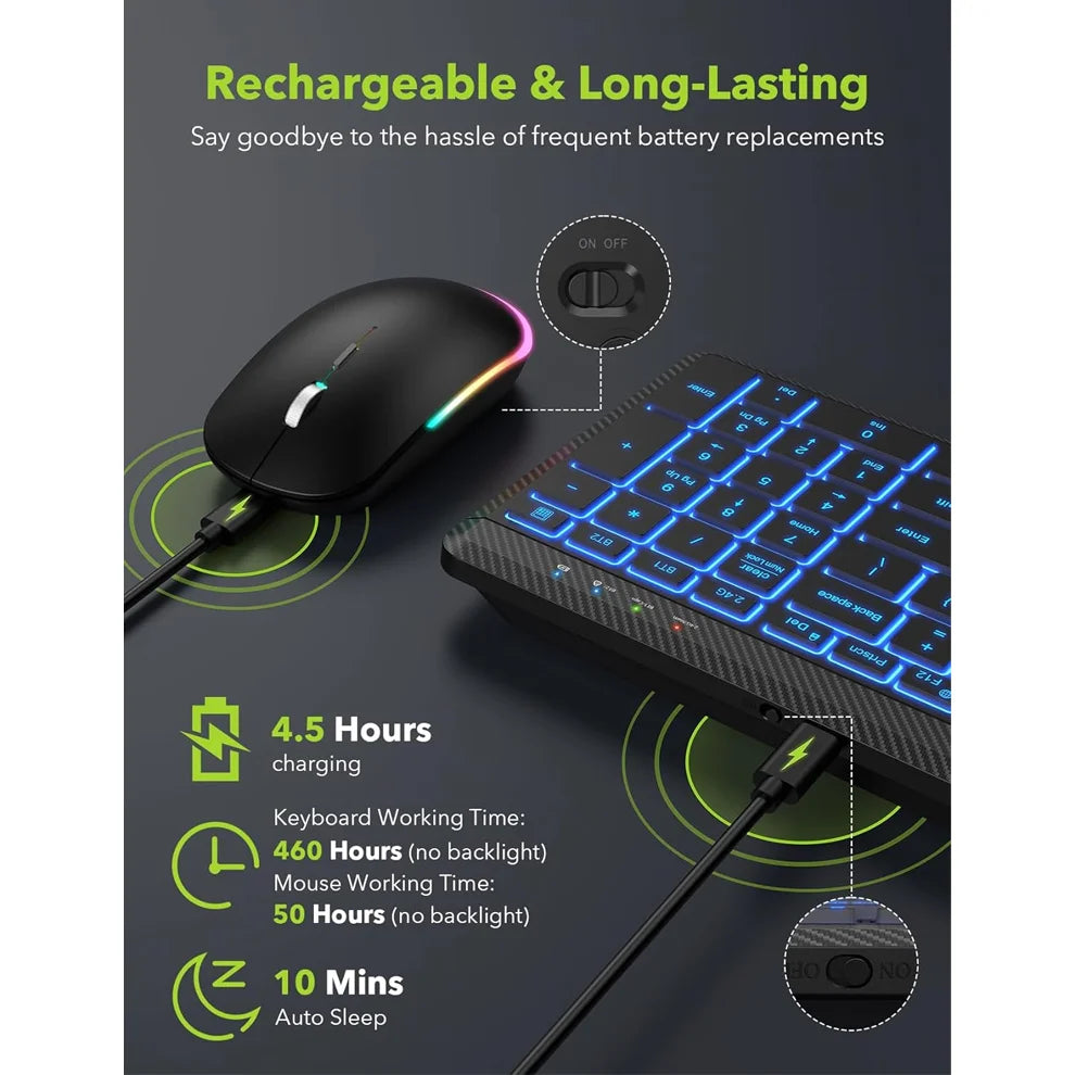 JOMAA Colors Backlit 2.4G Wireless Keyboard and Mouse Combo Rechargeable Multi-Device Bluetooth Keyboard with Number Pad