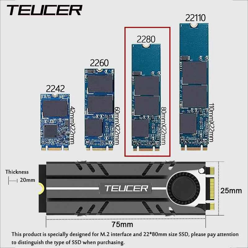 TEUCER M.2 SSD NVMe Heat Sink 2280 Solid State Disk Air Circulation Cooler Heatsink with Active Cooling Fan and Thermal Pad