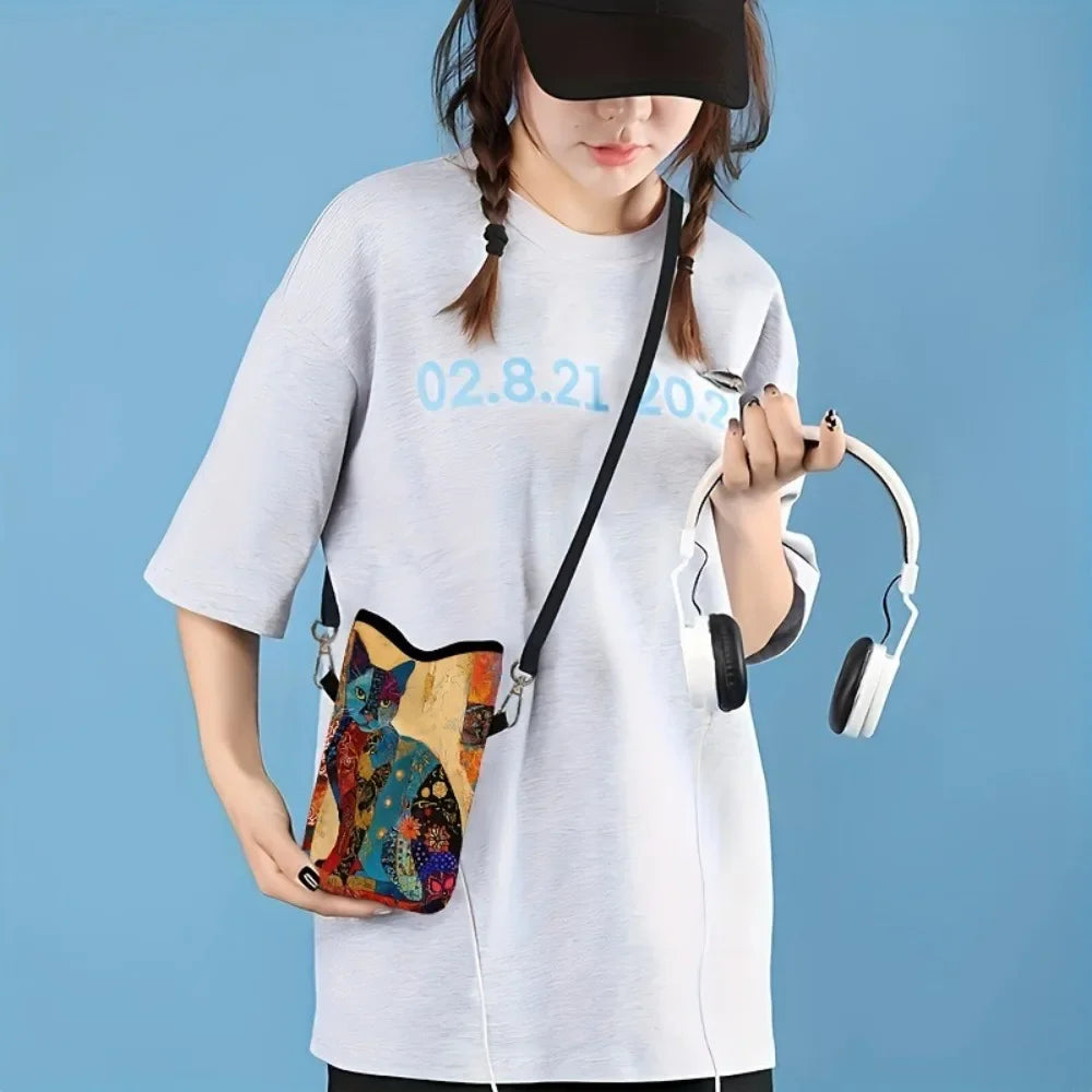 Women’s Black Cat Floral Print Mini Crossbody Phone Bag, Adjustable Strap Casual Canvas Shoulder Purse for Daily Use, Perfect for Carrying Phone, Cards, Keys and Lipstick, Cute and Practical Gift for Cat Lovers.
