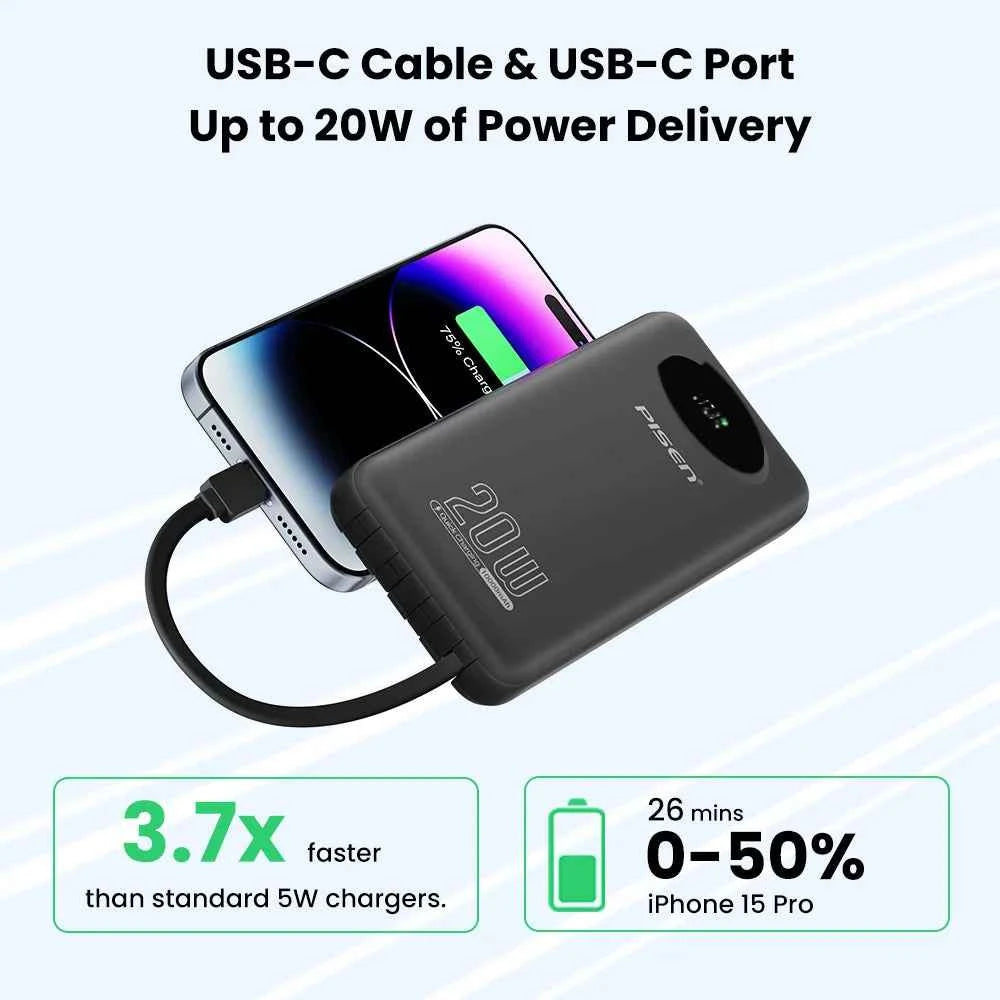 PISEN 3C Certified Power Bank 10000mAh & 20000mAh 20W Fast Charging Powerbank With 4 Built-in Cables For iPhone Samsung Xiaomi