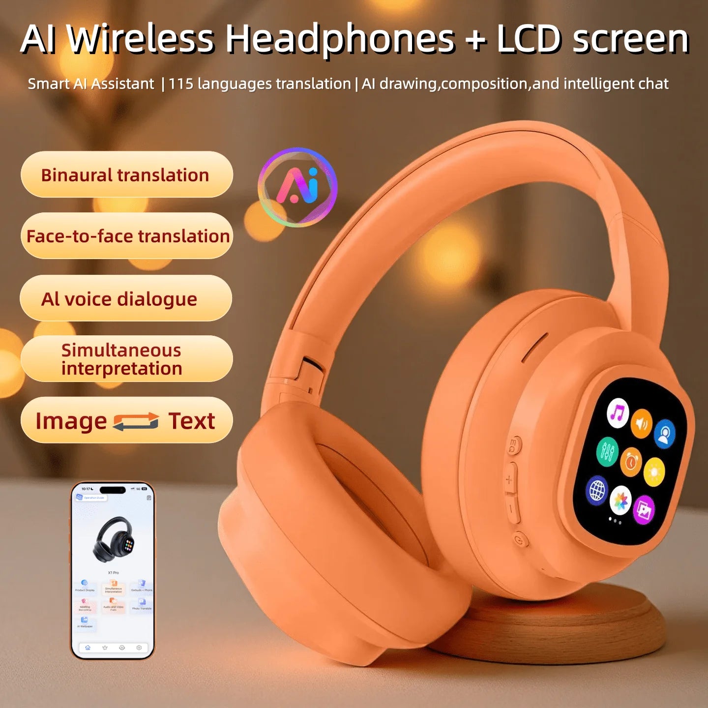 AI Translation Wireless Headphones, Magnetic LCD Touch Screen, Foldable Retractable Design, Real-time 115 Languages Translation, BT6.0, Multi-functions for Photo, Flashlight, Alarm & Voice Recording, AUX Wired Supported
