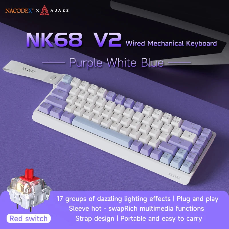 AJAZZ NK68 V2 gaming mechanical keyboard features hot-swappable keys, color backlighting, and is portable for office use