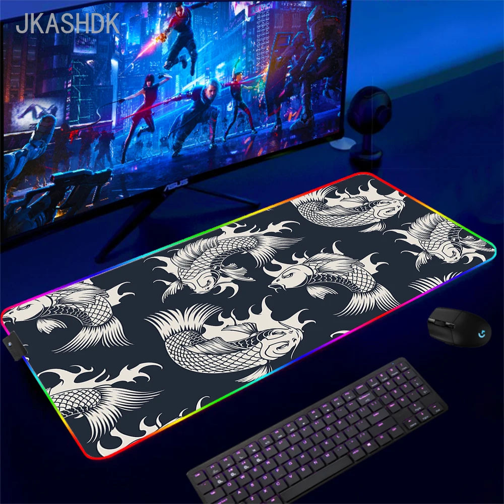 Large RGB Mouse Pad Koi Fish Gaming Mousepad LED Mouse Mat Gamer Mousepads Yin Yang Desk Pads RGB Keyboard Mause Mats XXL 100x50