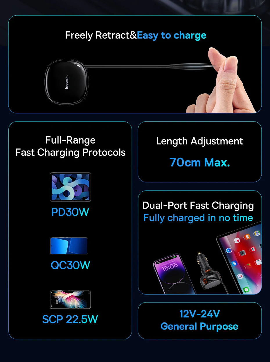 Baseus 60W Car Charger 2 in 1 Retractable Cable SCP 25W QC PD 30W Fast Car Phone Charger For iPad iPhone 16 15 14 13 Pro Samsung
