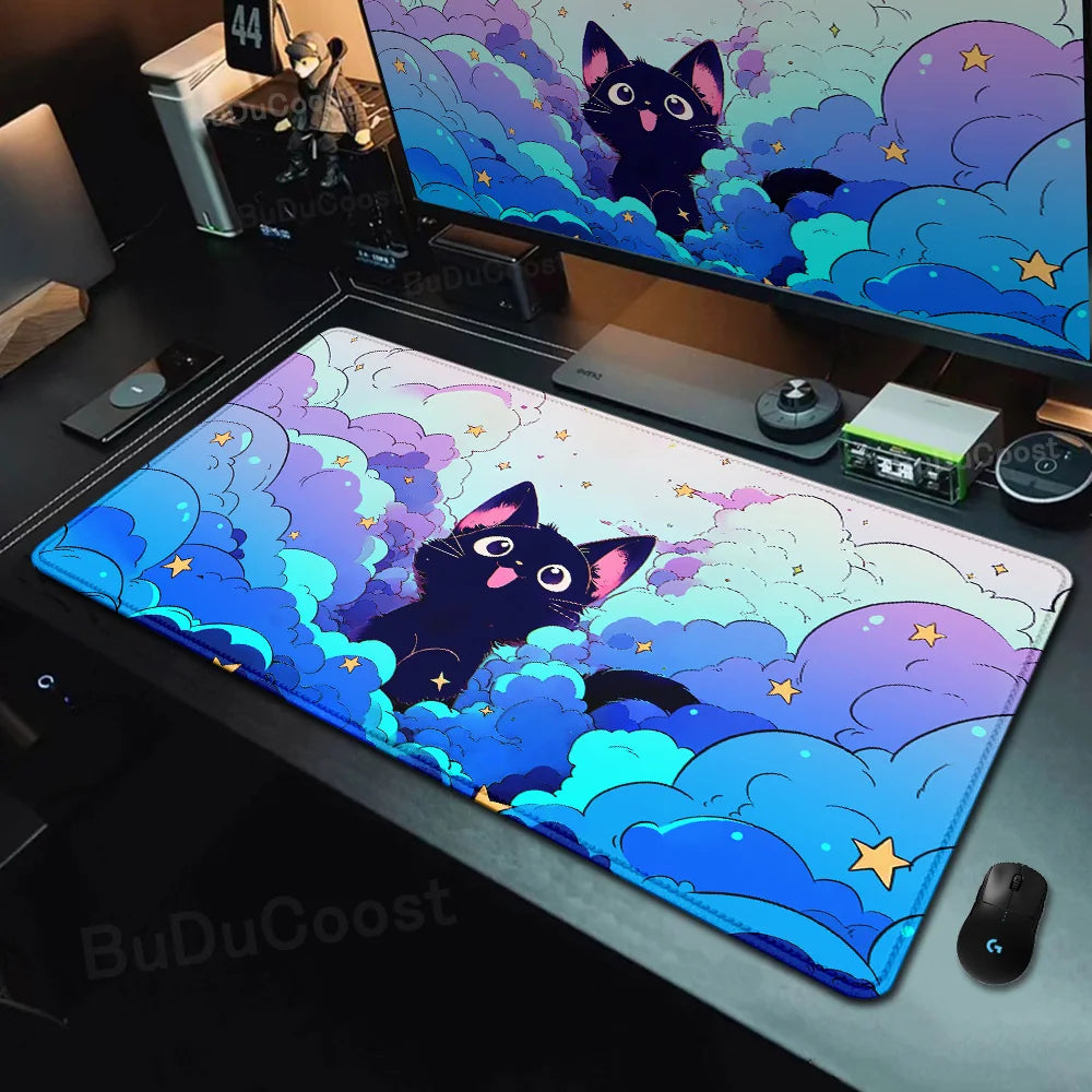 Kawaii Black Cat Mousepad Fast Delivery Keyboard Desk Mat 40x90cm Lock Edge Extend Mouse Pad Starlit Sky Office Table Protection