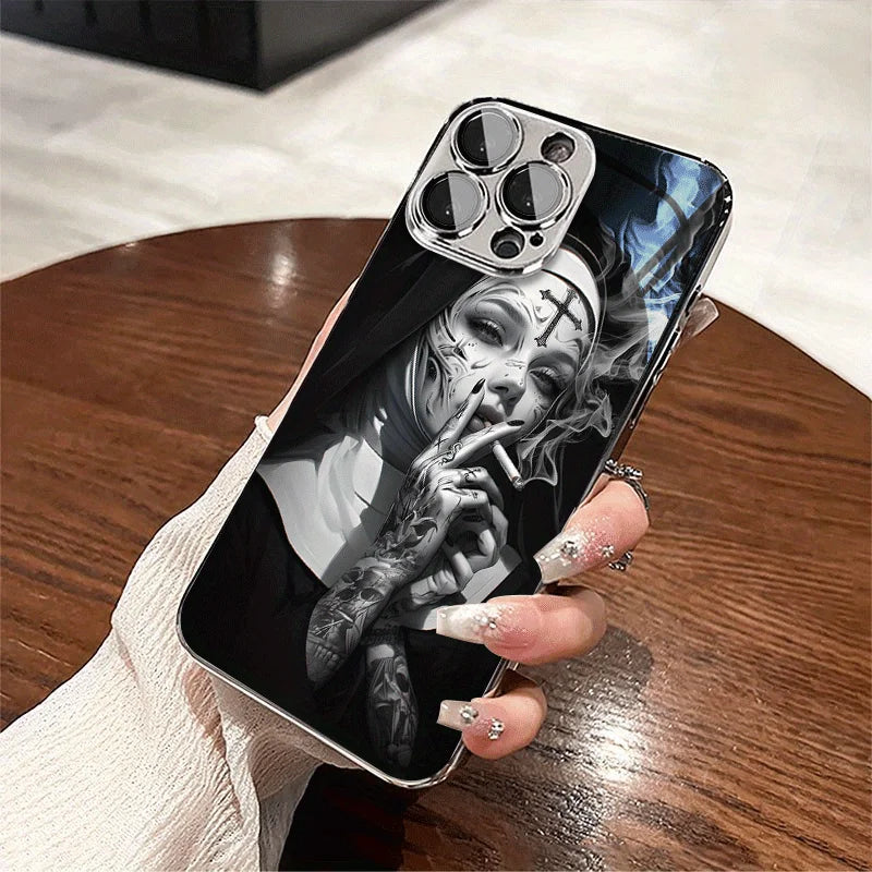 Crystal clear, beautifully designed tattooed lady smoking pattern glass phone case for iPhone16 15 14 13 12Promax