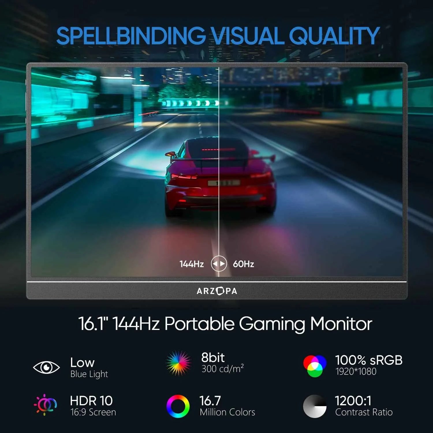 ARZOPA 16.1 inches Portable Gaming Monitor 144hz 100%sRGB 1080P FHD IPS Screen Second Screen for Switch,Xbox,PS5,Laptop,Mac,Z1FC