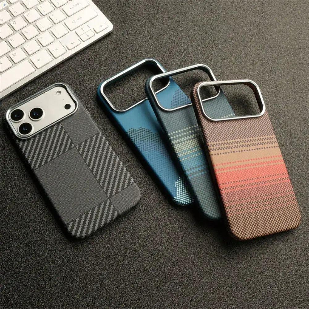 Suitable for iPhone 17 Pro Kevlar Pattern Phone Case, Carbon Fiber 16 Metal Lens, 17e Magnetic Protective Cover