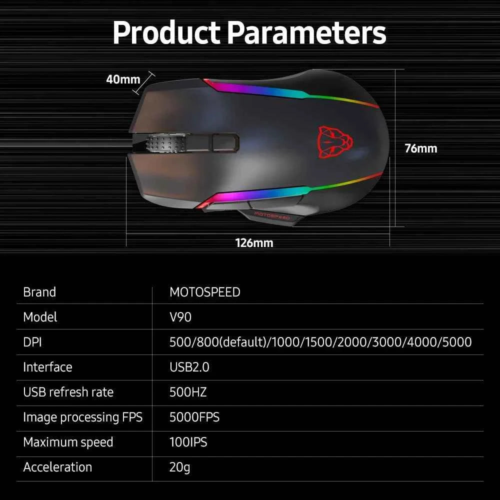Motospeed V90 Wired Gaming Mouse RGB Backlight 8 Adjustable 50000 DPI Office Game Mouse Macro Drive PMW3325 For Laptop PC
