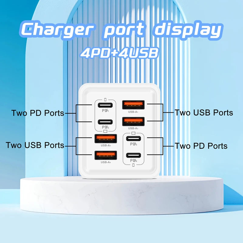 240W GaN USB C Charger 8 in 1 Fast Charging Phone Charger Power Adapter For iPhone Xiaomi Type C EU/US/UK Plug Wall Charger