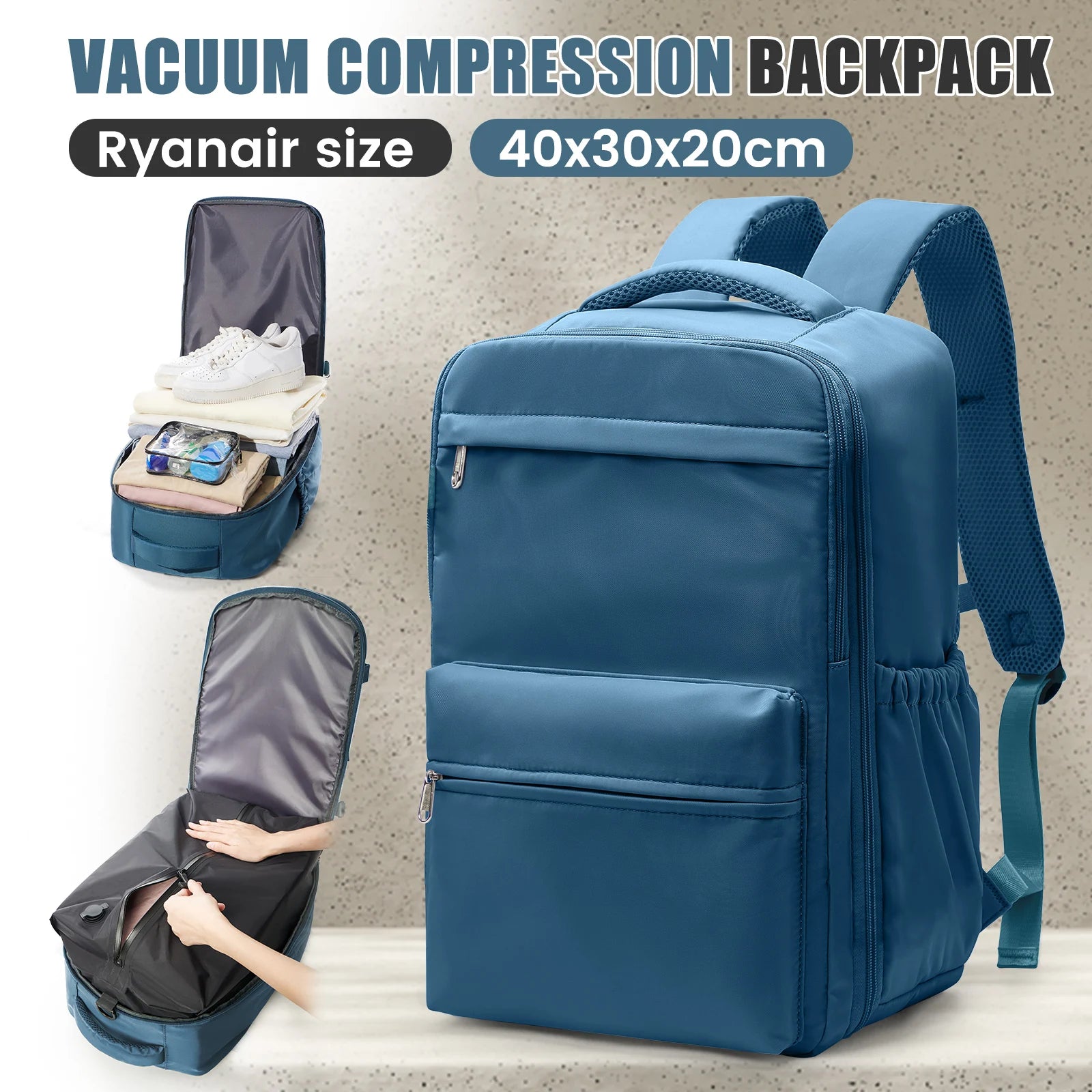 Ryanair 40x30x20 Travel Backpack – Vacuum Compression Cabin Bag with Pump, 15.6” Laptop Carry-On for Wizzair & Airline Personal Item