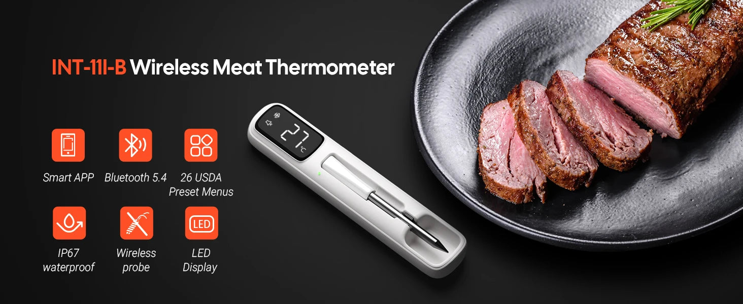 INKBIRD INT-11I-B Mini Wireless Meat Thermometer, Bluetooth 5.4 1000ft, 1s Response, IP67, 26 Presets, LED Display, for BBQ/Gril