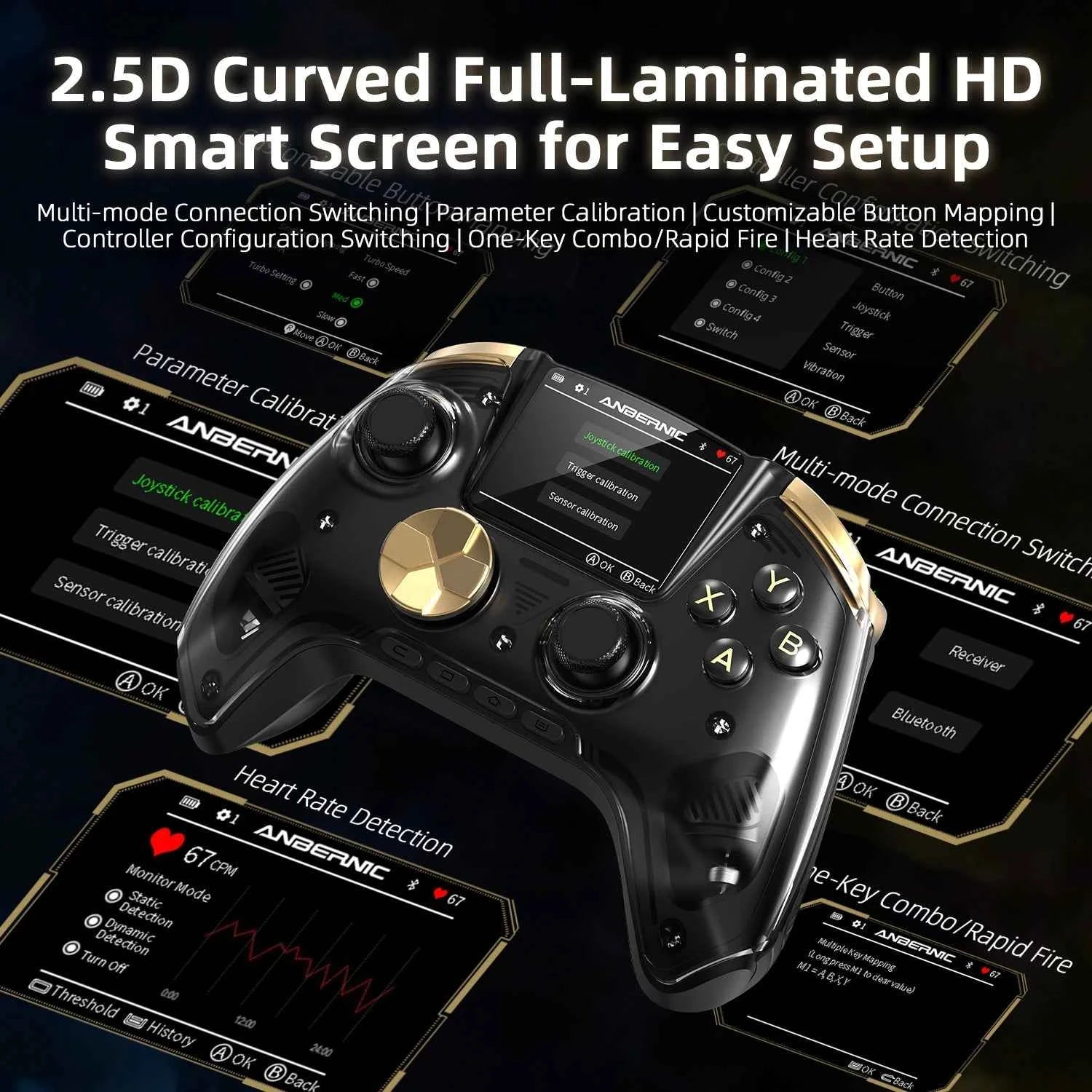 Anbernic RG G01 Interactive Screen Wireless Gaming Controller Compatible with PC/Steam/Linux/Android/Switch/IOS 2.4G Wireless Bluetooth Controller Gamepad Hall Effect Triggers