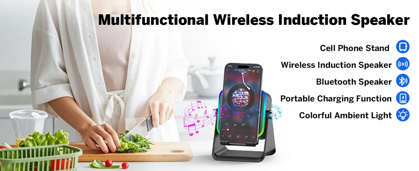 5 in 1 Wireless Induction Speaker with RGB Lights HIFI Sound Portable Bluetooth Phone Holder 8 Modes Auto-Induction Christmas Gift