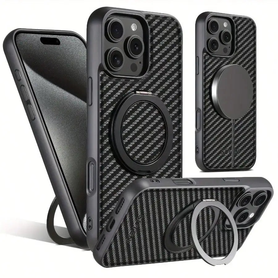 Carbon Fiber 360° Rotating Magnetic Phone Case Compatible with iPhone 17, Air, 16, 15, 14, 13 Pro Max, and Plus models
