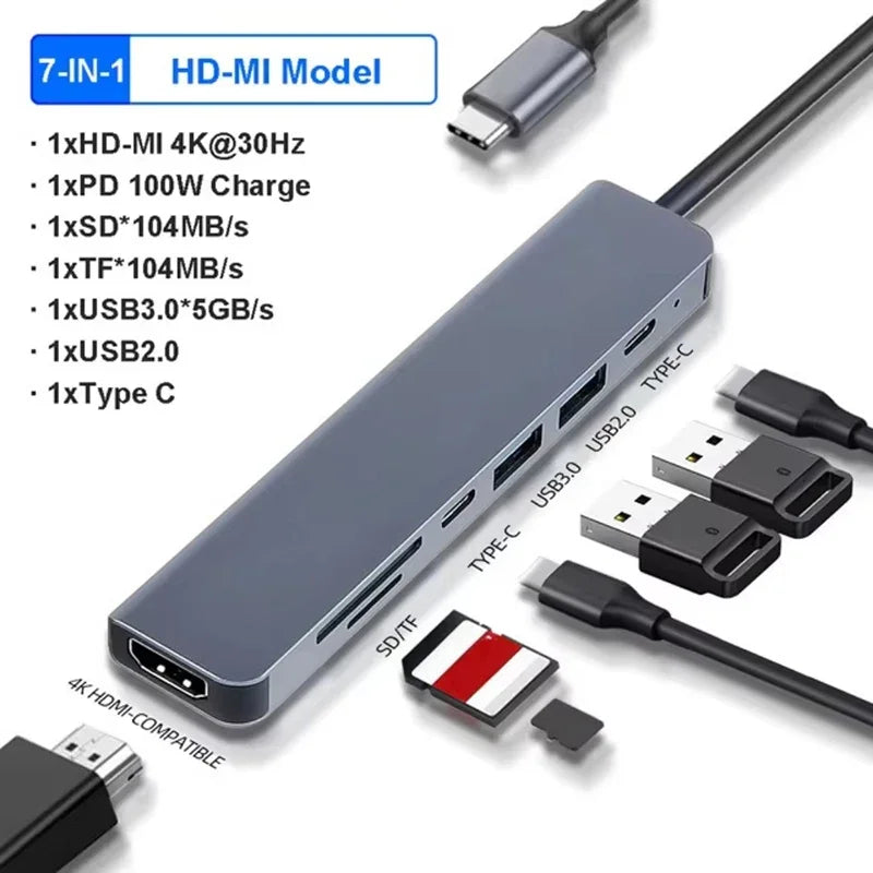 USB C Hub 7 in 1 HDMI 4K Type C Adapter OTG Thunderbolt 3 Dock PD TF SD Macbook iPad XPS Surface Laptop Compatibility