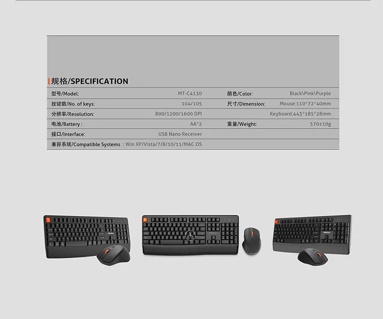 2.4G Wireless Keyboard Mouse Set For PC Laptop Ergonomic Low Noise Keyboard Mouse Combo 1600DPI Adjustable Mouse For Home Office