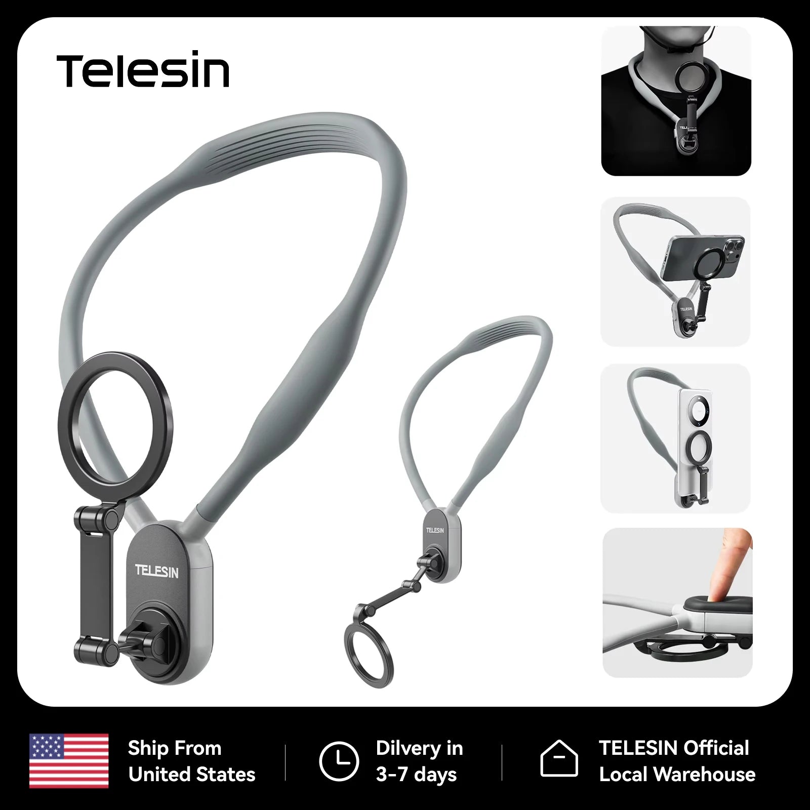 TELESIN Silicone Magnetic Neck Mount Quick Release Phone Stand Universal Compatible with iPhone MagSafe Samsung Huawei Xiaomi