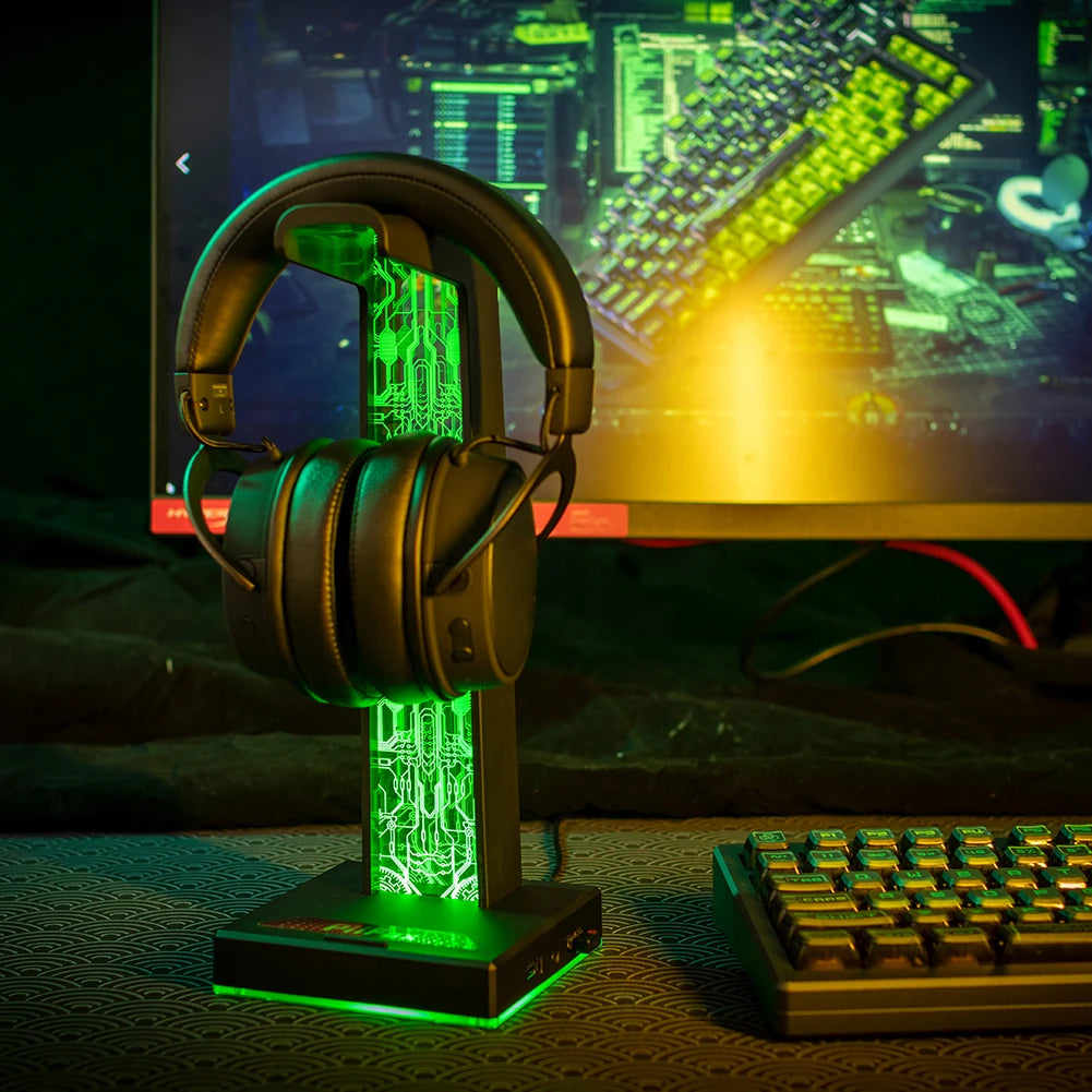 RGB Gaming Headphone Stand 10 Lighting Effects Headphone Stand Holder Rack USB Port 3.5mm Audio Port Desktop Headset Bracket