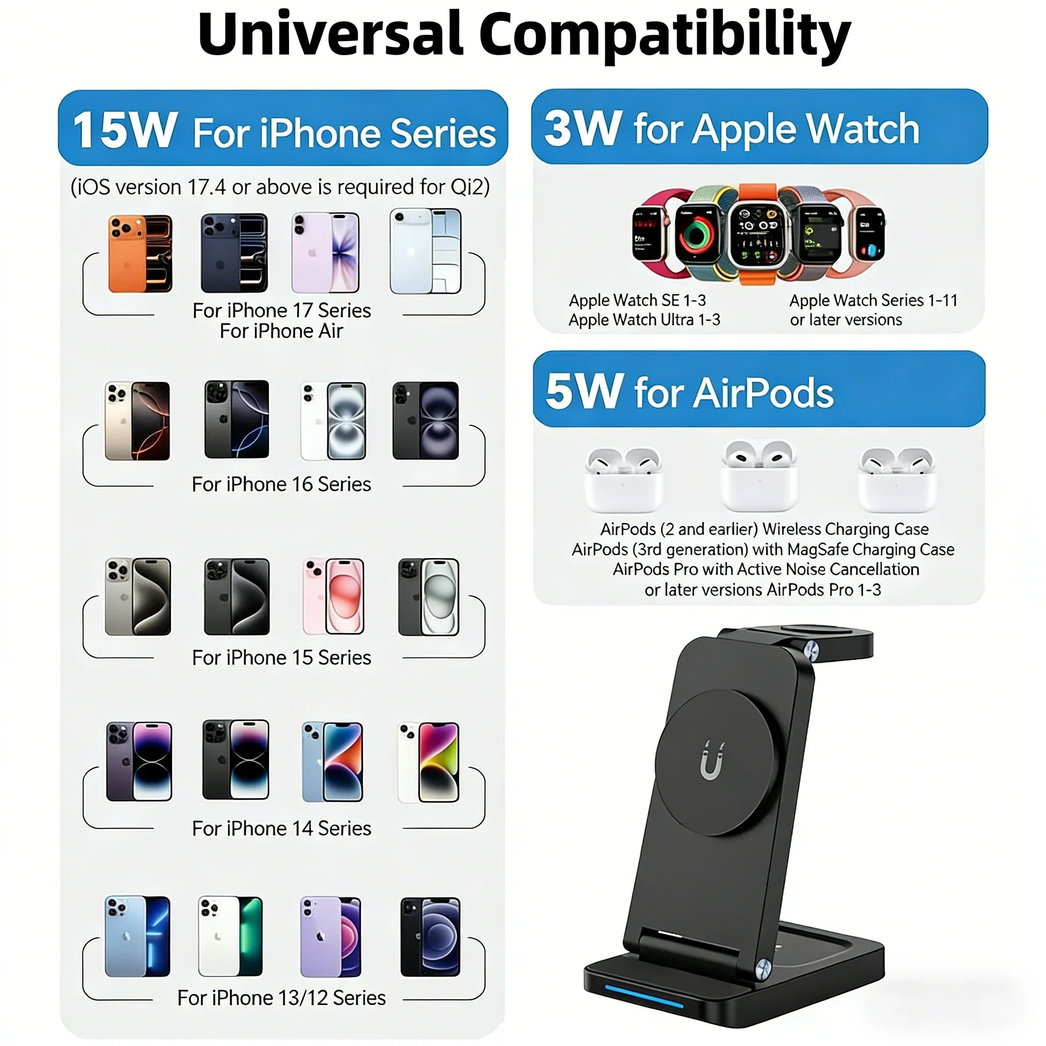 TIMESS 3 IN 1 15W Wireless Charger For iPhone17 16 15 14 PROMAX For Apple Watch Series 11 10-1 For Airpods Pro Charging Station