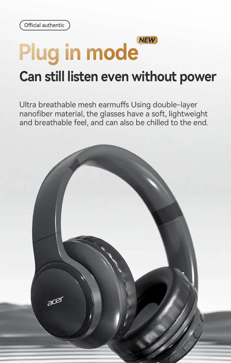 Acer Ohr559 Wireless Bluetooth Headset with High-Fidelity Stereo Bass Sound, Noise Reduction for Calls, Music, and Gaming, No Delay, Long Battery Life, Full-Ear Coverage, Comfortable Fit, with Microphone